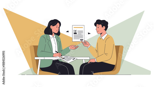 Job Interview Meeting, Candidate Presents Resume to Recruiter