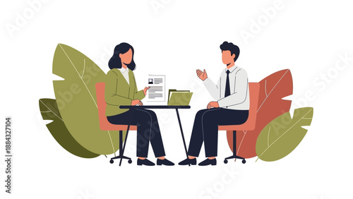 Job Interview: Woman Interviews Man Sitting at Desk with Resume and Plants