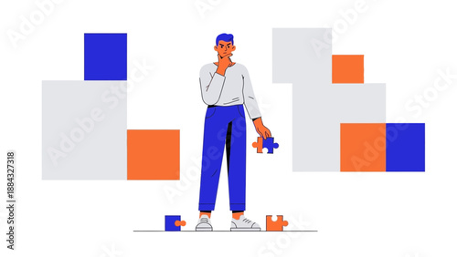 Man contemplating puzzle pieces, strategy and problem solving concept