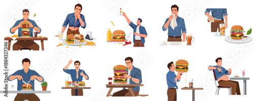 Collection of vector illustrations showing a smiling man enjoying giant gourmet and fast food burgers, complete with fries, soda, and beer.