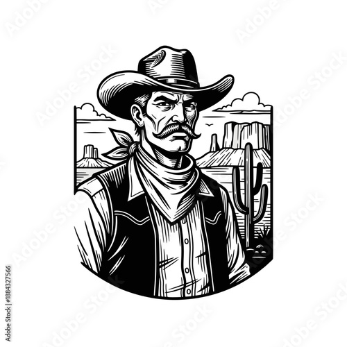 Vintage American cowboy man illustration, hand-etched engraving style, strong ink lines, monochrome black, vector art, classic woodcut look