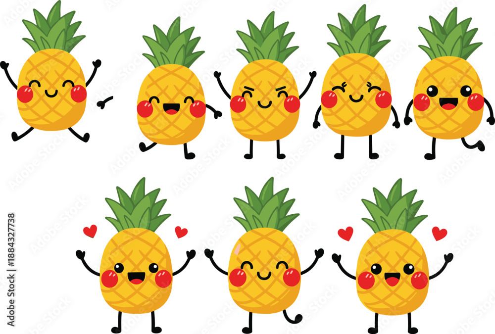 Fototapeta premium Cute Kawaii Pineapple Character Set with Various Happy Facial Expressions Emotions and Poses Isolated on White Background for Tropical Design