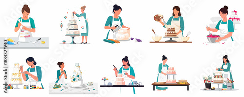 Female bakers and pastry chefs creating and decorating elaborate tiered cakes, including wedding cakes, using professional tools and techniques.