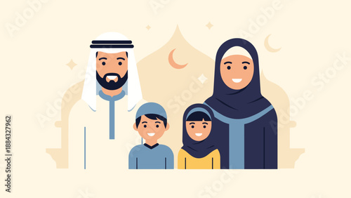 Happy Muslim Family Portrait in Traditional Attire