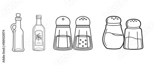 Set of Condiments Including Salt Pepper Oil Vinegar Shakers