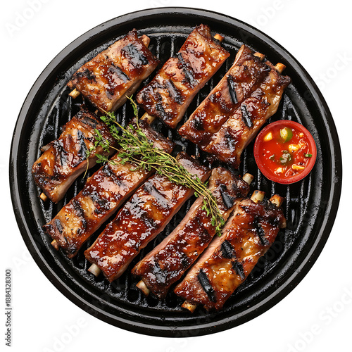 Spicy grilled bbq pork ribs on round grill grate with red sauce and herbs showing delicious summer picnic food concept isolated on transparent background