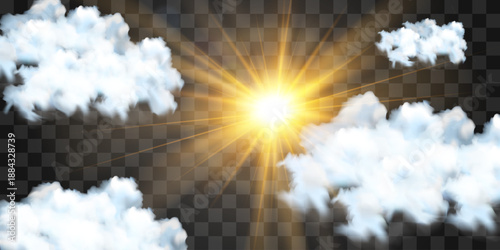 Vector realistic cloud with transparent sunlight. Cloud texture, nature sky with bright sun. Sky nature illustration on png background. Vector weather isolated on transparent background.