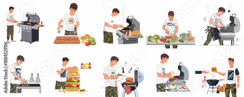 Young Man Grilling Hamburgers Vector Set: Preparing Meat Patties, Chopping Vegetables, Cooking on BBQ Grill, Assembling, and Serving Gourmet Cheeseburgers.