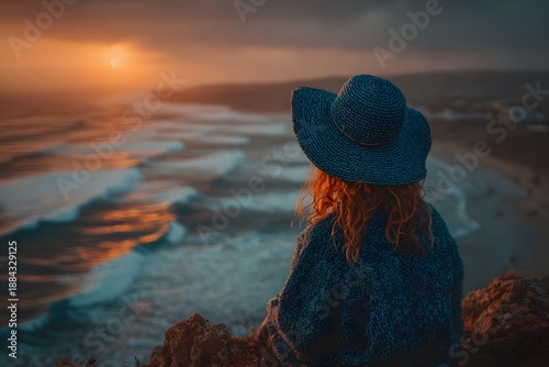 Serene Coastal Sunset with Woman in Blue Hat and Sweater