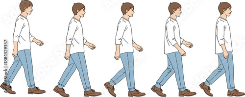 Tableau sur toile Flat Vector Illustration Showing a Sequence of a Man Walking Step by Step in Fiv