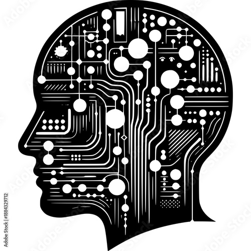 Mind-Tech Fusion: A stylized silhouette of a human head interwoven with intricate circuit patterns, representing the convergence of human intellect and technological advancement. 