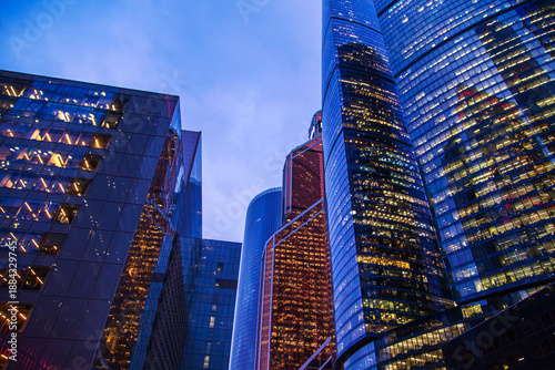 Photography Bottom-up view of the skyscrapers of the Moscow City business center