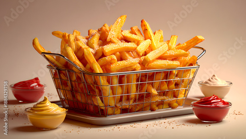 Basket of Golden French Fries with Dipping Sauces for a Delicious Mealtime Treat