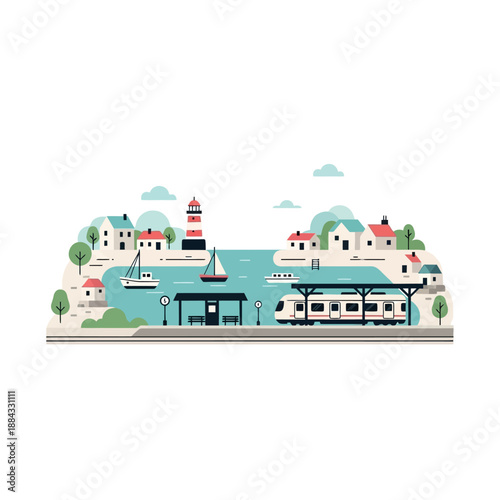 Colorful Illustration of Train Station by Water.