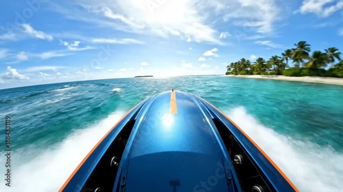 Powerful Speedboat Racing Through Turquoise Ocean Waters Towards Tropical Island with Palm Trees