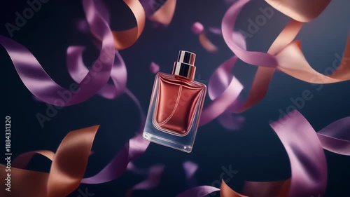 Elegant perfume bottle with luxurious ribbons floating in a dark background