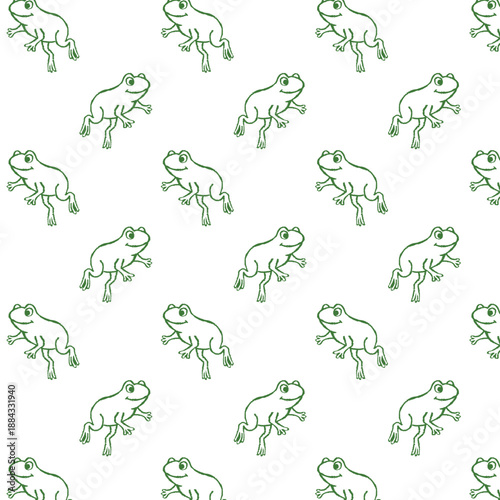 Pattern con graziose rane verdi che saltano, illustrazione isolata 