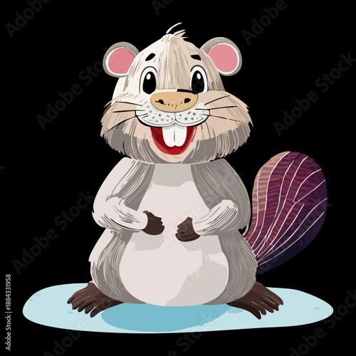Smiling White Animal Beaver Character Standing Firmly In The Blue Circle Frame With Soft Light Glow