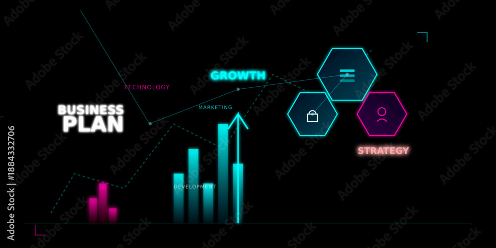 Fototapeta premium Modern neon business strategy dashboard featuring glowing charts, growth graphics, and technological data visualization elements in a futuristic cyberpunk style.