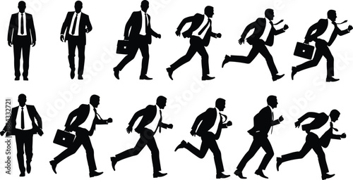 Silhouette of a Businessman in Suit Running and Walking Sequence Collection Representing Success Speed Urgency and Professional Career Motion Progress