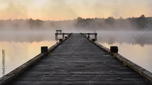 Wallpaper Mural Wooden pier stretches into a calm lake with a misty, serene atmosphere at sunrise. Torontodigital.ca