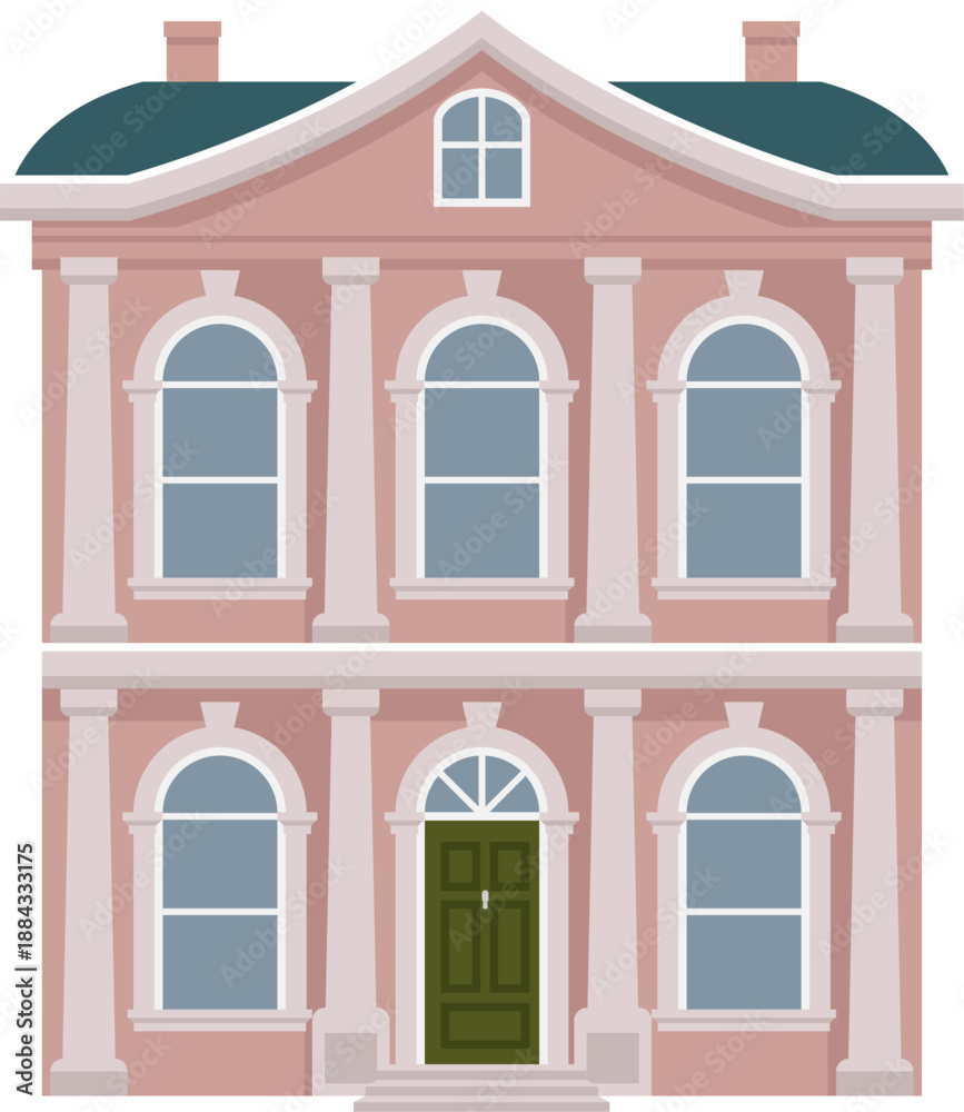 Obraz premium Victorian old English house building. Georgian mansion manor style homes. Vintage British architecture facade illustration.