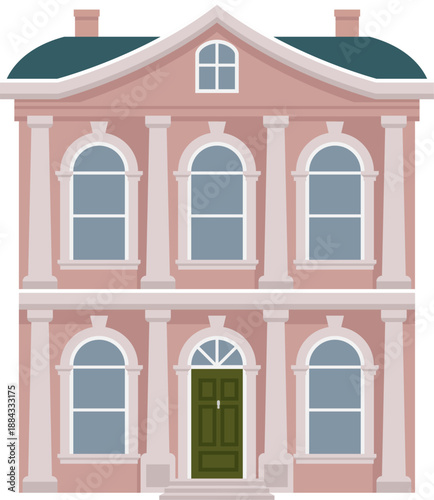 Victorian old English house building. Georgian mansion manor style homes. Vintage British architecture facade illustration.