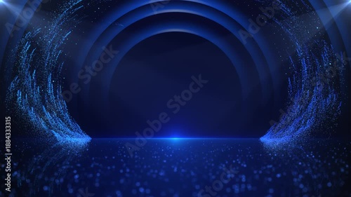 Elegant dark stage background with blue glitter, spotlight beams, and abstract curved arches. Perfect for awards, ceremonies, product showcases, or luxury-themed presentations.