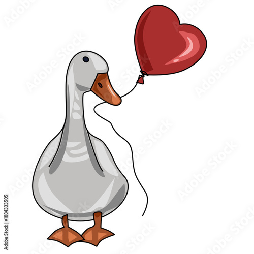 Cute goose holding a heart-shaped balloon, romantic Valentine’s Day clipart isolated on white background. Adorable flat vector animal illustration for cards, stickers, posters and love designs