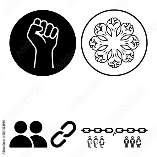 May Day labour solidarity emblem with crowd and raised fists