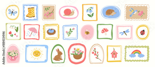 Collection of hand drawn spring summer stickers and decorative frames. Flowers, rabbit, snail, dragonfly, heart, butterfly, birds, sun, birdhouse.