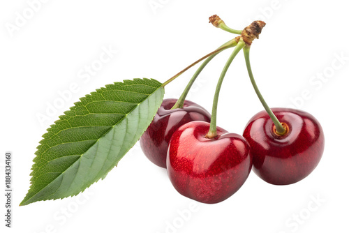 Two juicy red cherries with a green leaf on a fresh stem are isolated on a white background as a ripe healthy fruit macro for a sweet vegetarian diet dessert