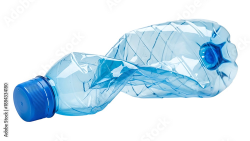 Crumpled blue plastic water bottle isolated on a transparent background