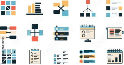 Business data visualization icon set with colorful charts graphs infographics schedules and organization symbols on white background