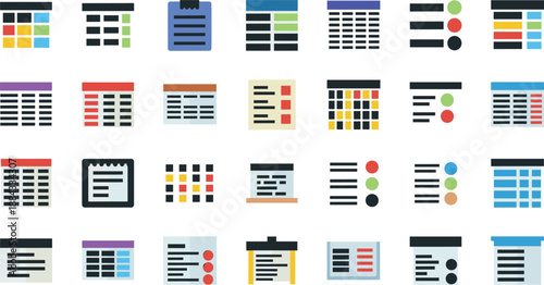 Business data table icon set with colorful spreadsheets document lists organizational charts and digital management planning symbols