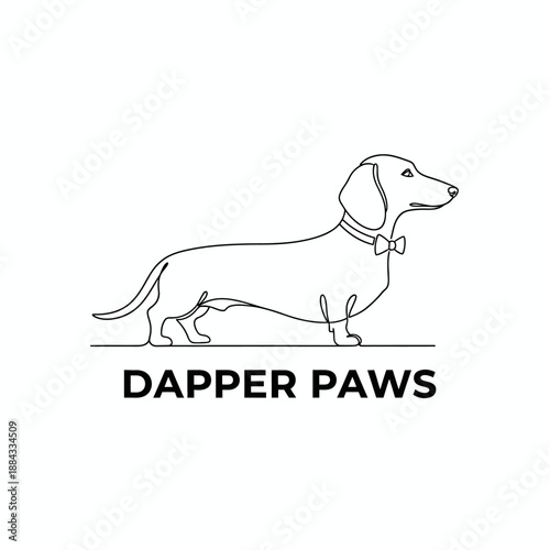 Minimalist dachshund dog line art with bowtie icon for pet grooming or boutique branding featuring the text DAPPER PAWS in bold typeface