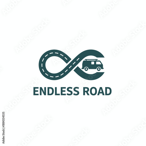 Infinity road loop with camper van icon for travel agency or adventure branding featuring the text ENDLESS ROAD in a bold sans serif font
