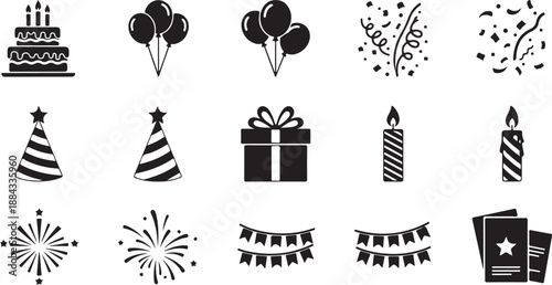 Bold style party vector icon set featuring birthday cake, balloons, confetti, party hat, gift box, candle, fireworks and bunting decorations.eps