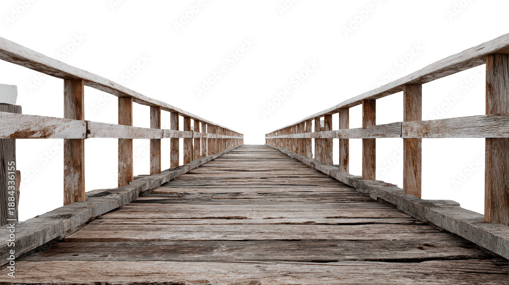 Fototapeta premium Wooden boardwalk bridge with railings and weathered planks, strong leading lines creating deep perspective, visible grain texture, and realistic light shadow details isolated on transparent background