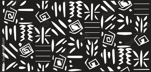 Abstract tribal pattern design featuring diverse white geometric and organic shapes on a black background