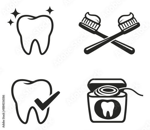 Simple line art dental icons set featuring sparkling tooth, healthy tooth, crossed toothbrushes, and dental floss for oral hygiene and dentistry concepts