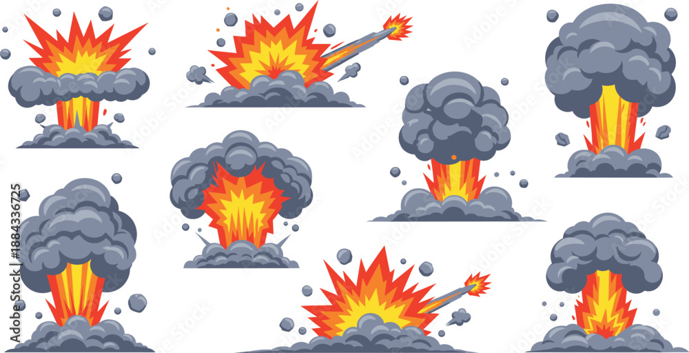 Naklejka premium Cartoon explosion blast vector set with fire bursts, smoke clouds and debris effects for action design