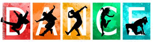 Dancing vector illustration. Silhouettes of dancing people on a watercolor background.