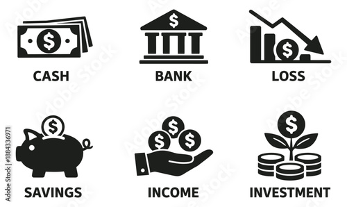 Simple financial icons set featuring cash, bank, loss, savings, income, and investment for business and banking concepts
