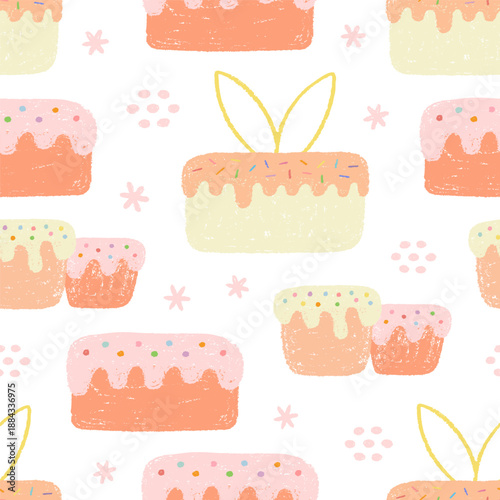 Seamless pattern with various Easter cake painted with crayon.