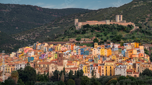 Bosa townscape with castle - Italian town in Sardinia island (Oristano Province)