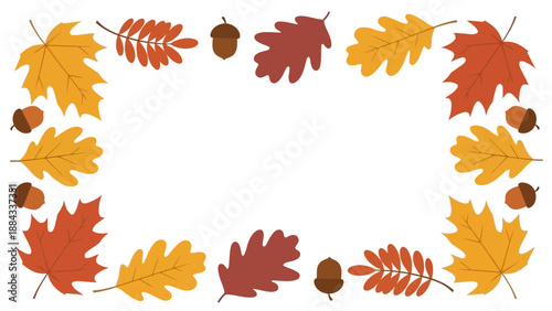 Autumnal Frame with Colorful Leaves and Acorns for Seasonal Decor.