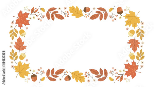 Autumnal Frame with Colorful Leaves and Acorns.