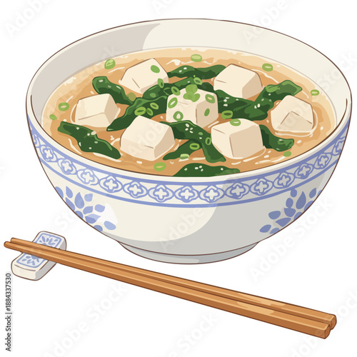 Traditional miso soup with tofu and seaweed. Watercolor style miso soup illustration. Japanese food art: steaming hot miso soup. Simple, healthy Japanese cuisine: tofu and wakame soup