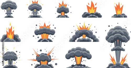 Cartoon mushroom cloud explosion vector set with fire blasts and thick smoke for action design